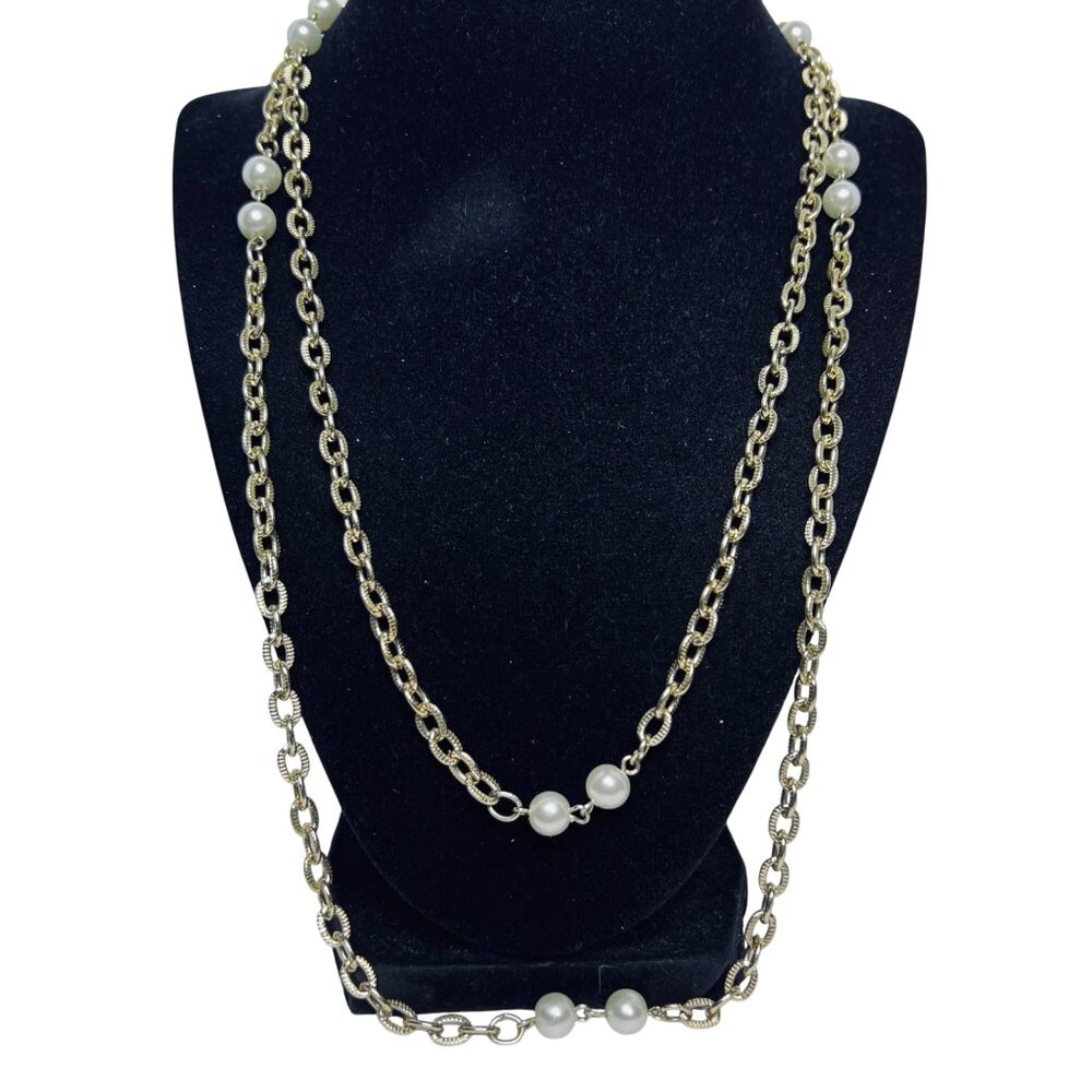 Single Strand Gold Tone Textured Cable Chain & Faux Pearl Necklace (5640)